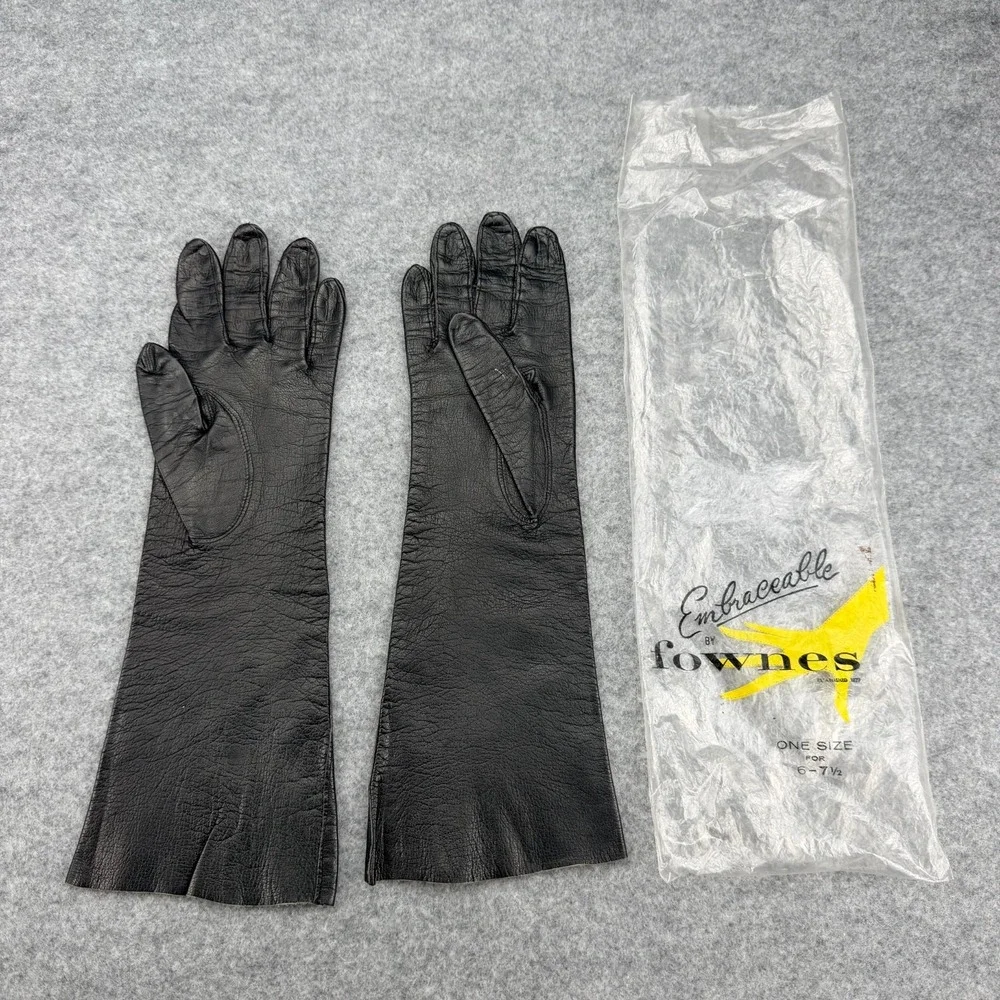 Vintage Fownes Embraceable Black Leather Opera Gloves Size 7 Made in USA 13in